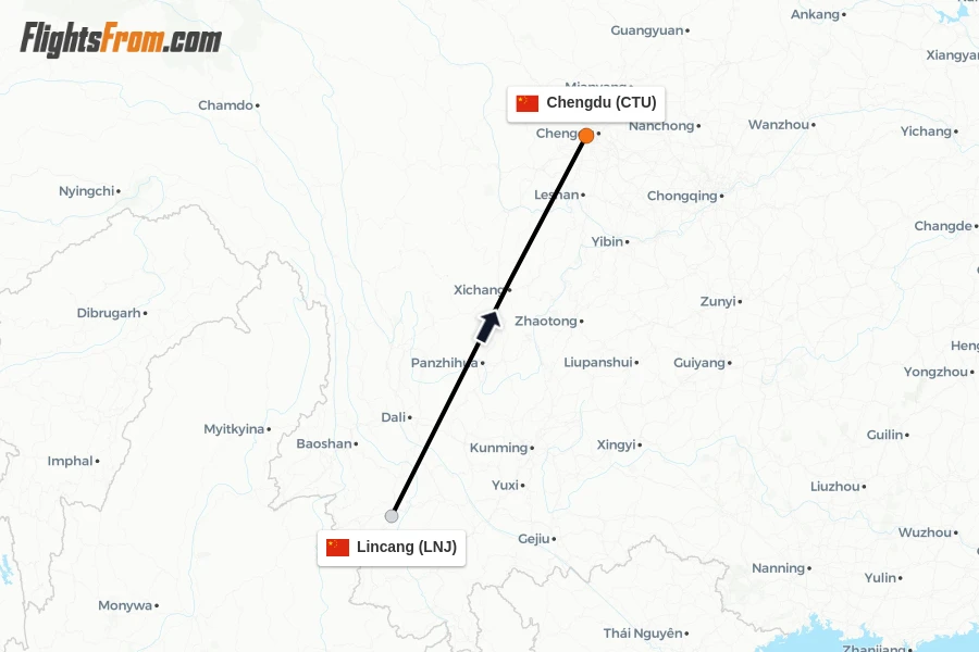 Flights from Lincang to Chengdu route map