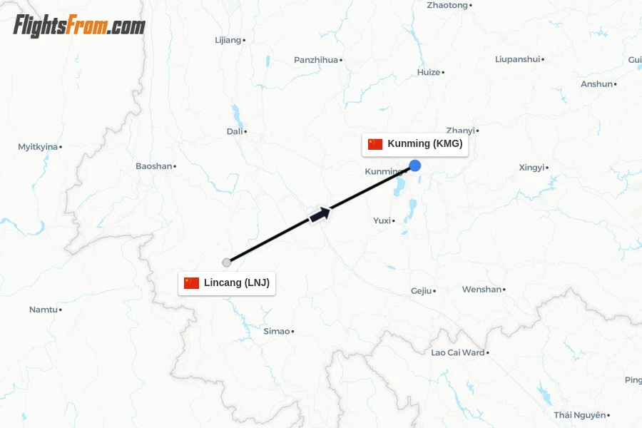 Flights from Lincang to Kunming route map