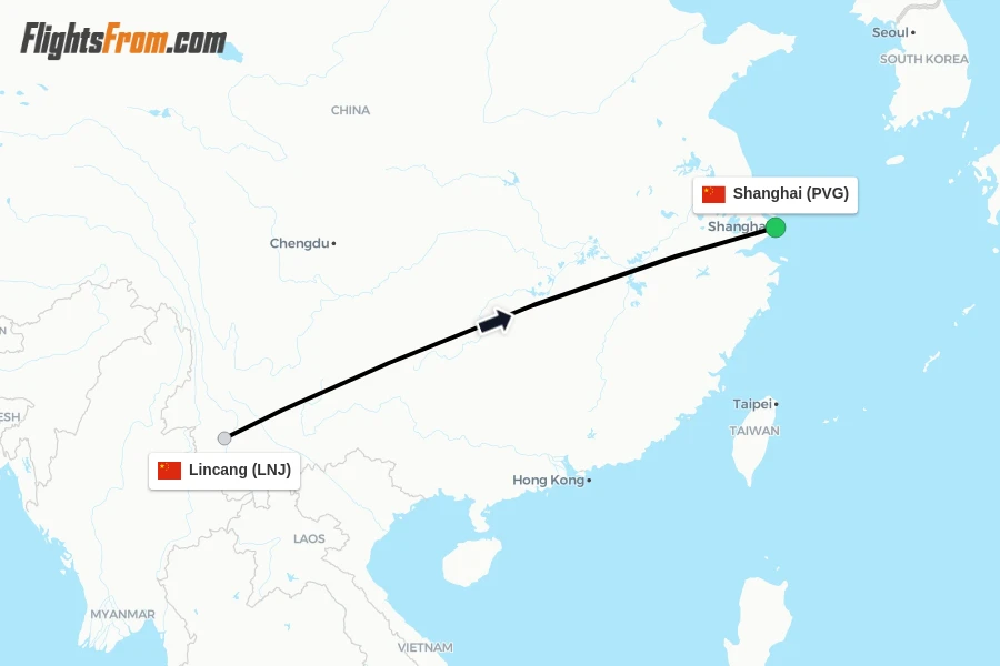 Flights from Lincang to Shanghai route map