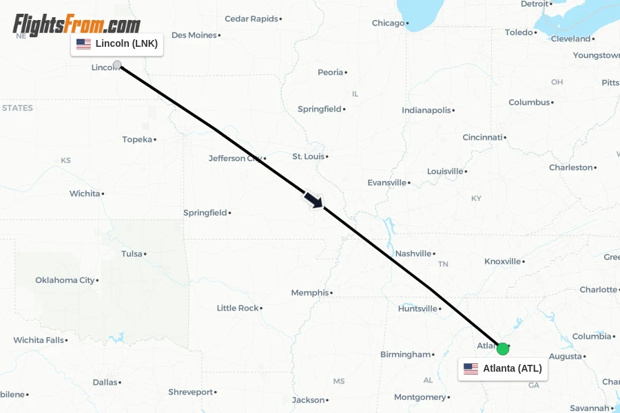 Flights from Lincoln to Atlanta route map