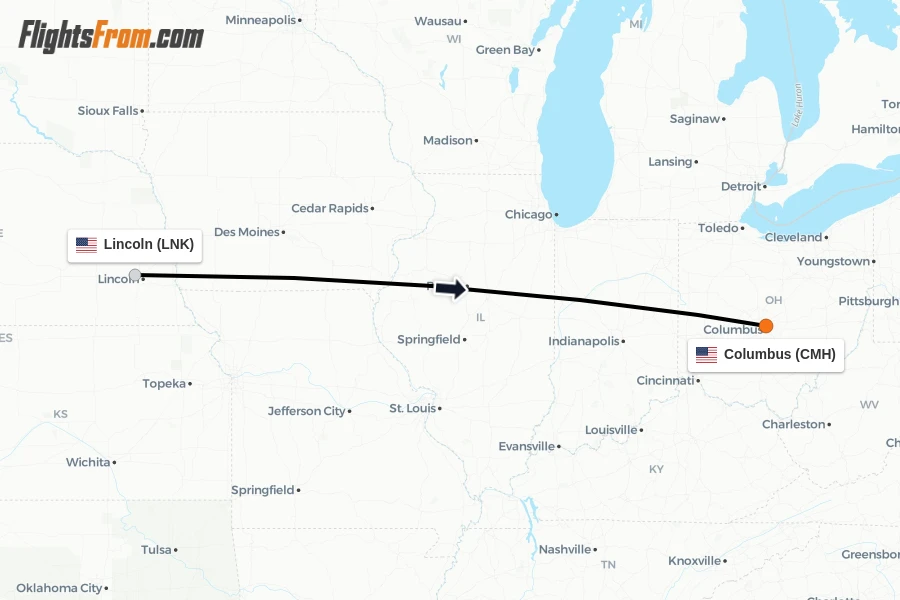 Flights from Lincoln to Columbus route map