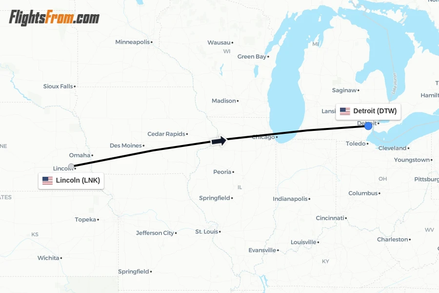 Flights from Lincoln to Detroit route map