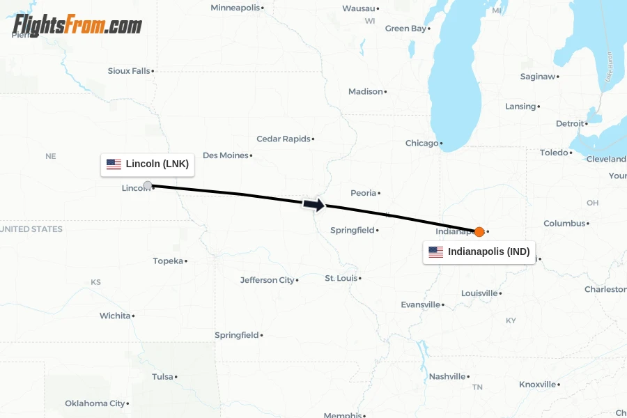 Flights from Lincoln to Indianapolis route map
