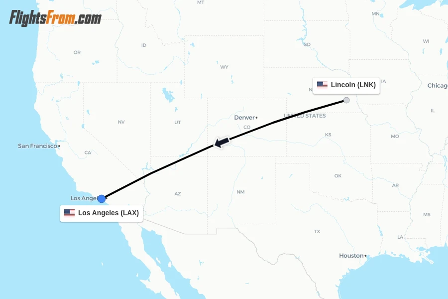 Flights from Lincoln to Los Angeles route map