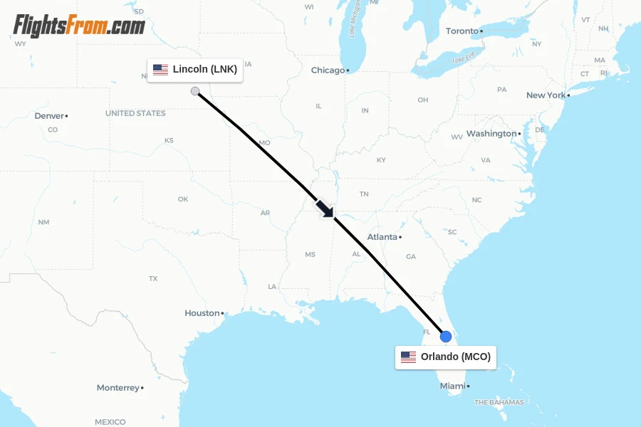 Flights from Lincoln to Orlando route map