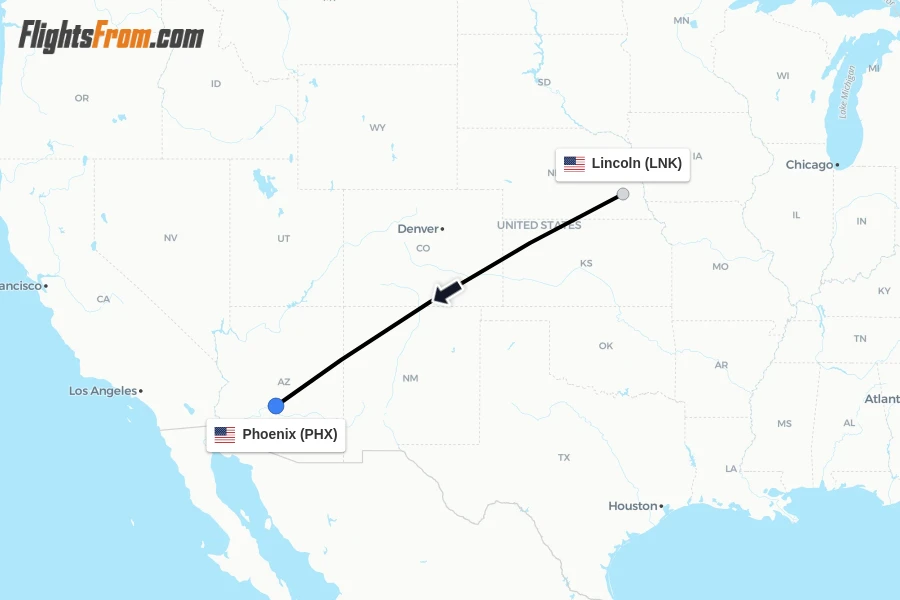 Flights from Lincoln to Phoenix route map