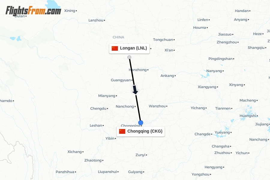 Flights from Longan to Chongqing route map