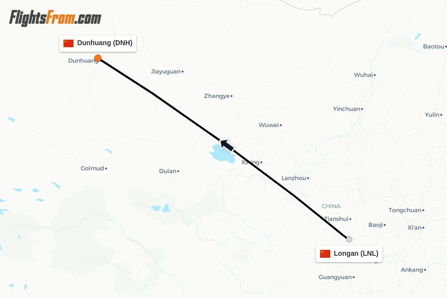 Flights from Longan to Dunhuang route map