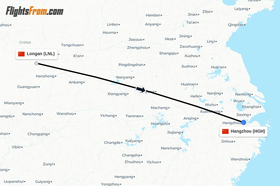 Flights from Longan to Hangzhou route map