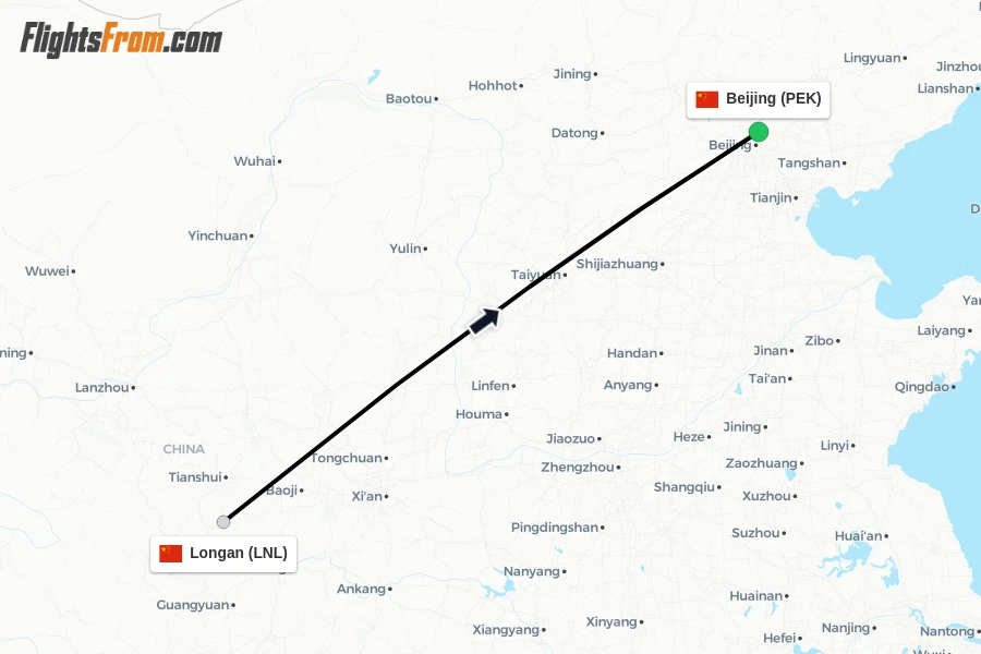Flights from Longan to Beijing route map