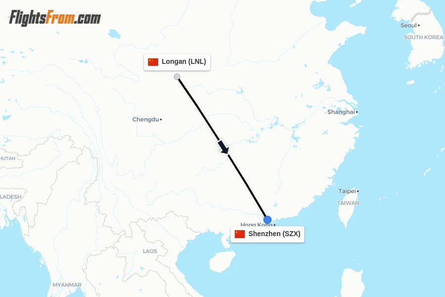 Flights from Longan to Shenzhen route map