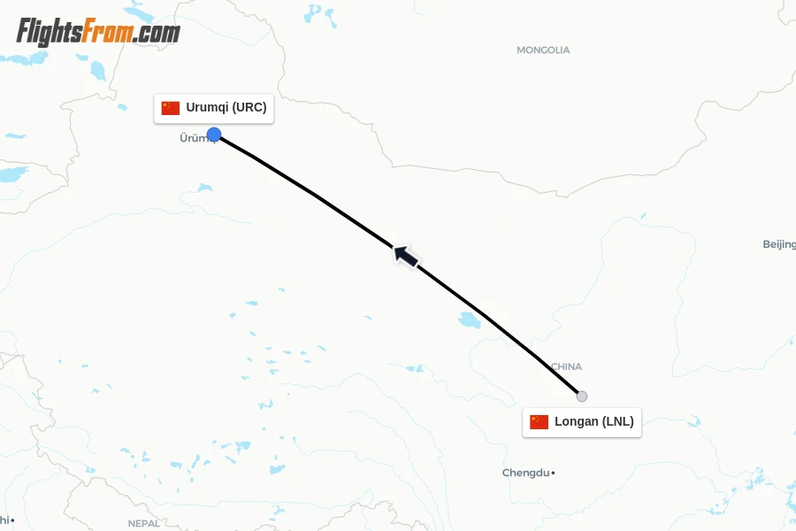 Flights from Longan to Urumqi route map