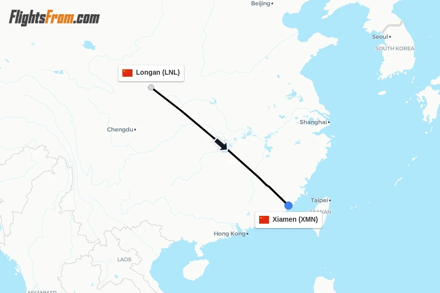 Flights from Longan to Xiamen route map