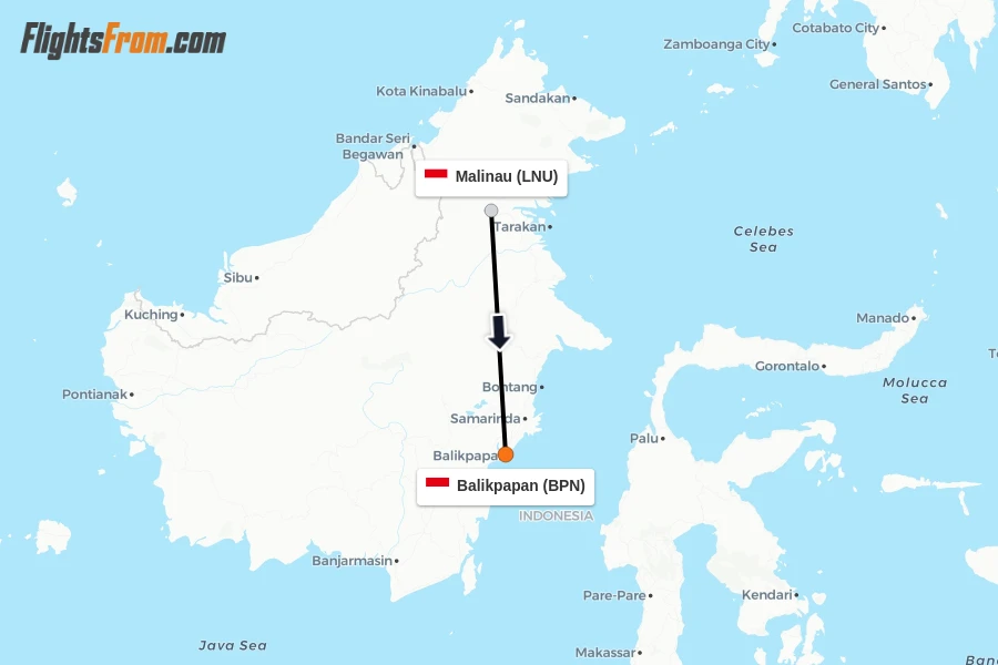 Flights from Malinau to Balikpapan route map