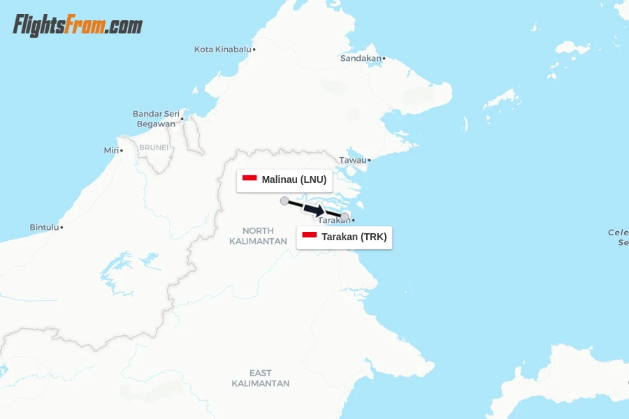 Flights from Malinau to Tarakan route map