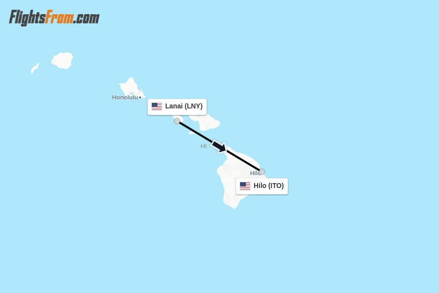 Flights from Lanai to Hilo route map