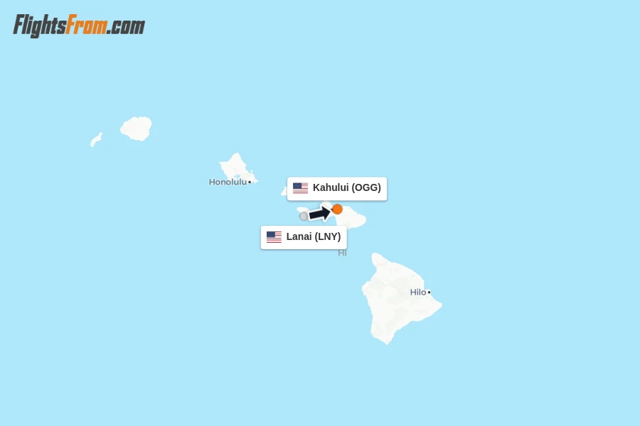 Flights from Lanai to Kahului route map