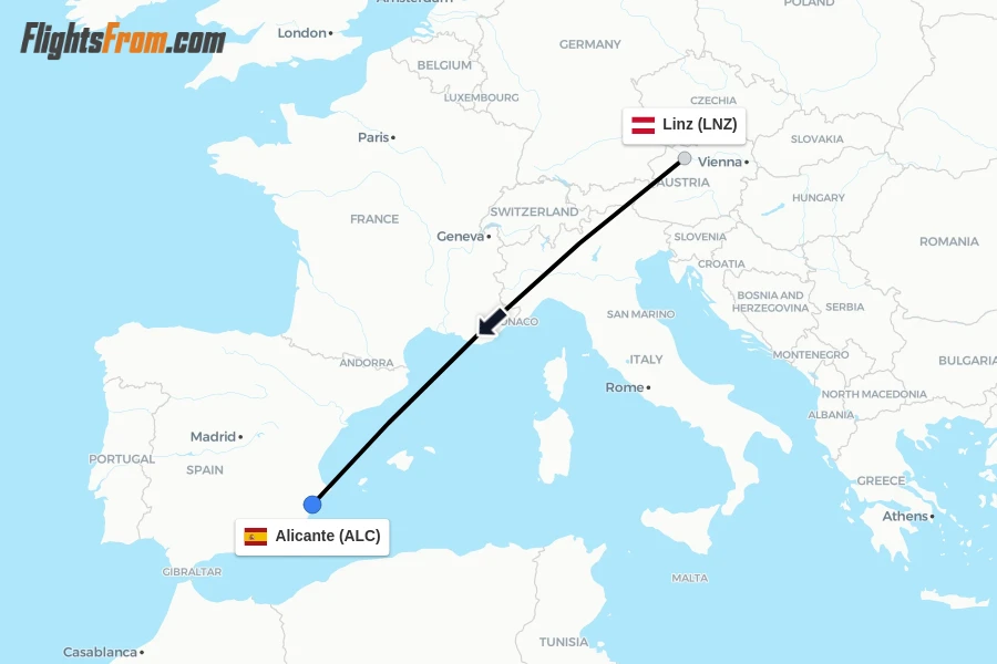 Flights from Linz to Alicante route map