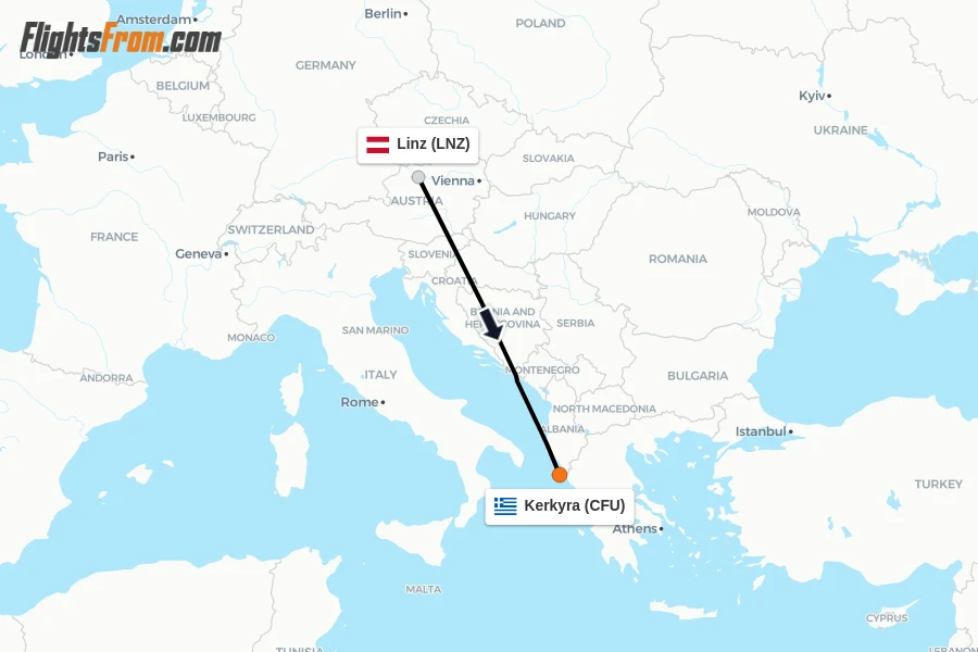 Flights from Linz to Kerkyra route map