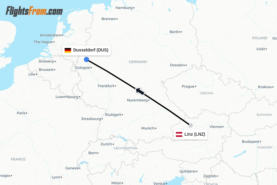 Flights from Linz to Dusseldorf route map
