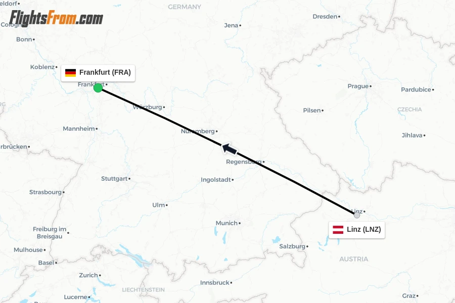 Flights from Linz to Frankfurt route map