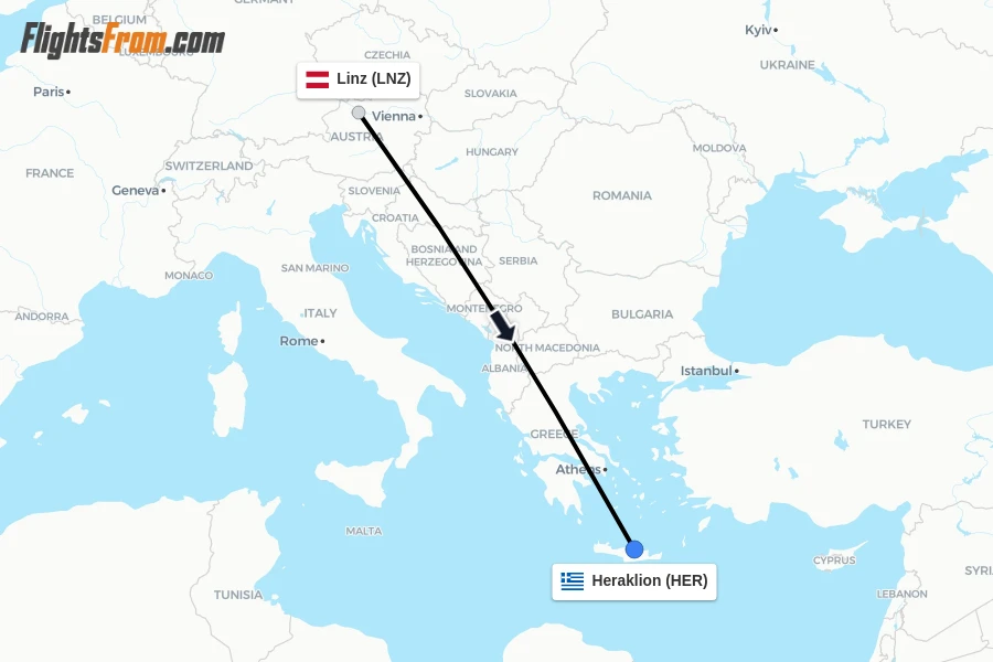 Flights from Linz to Heraklion route map