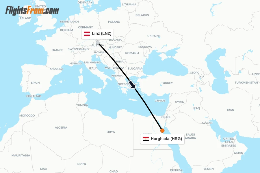 Flights from Linz to Hurghada route map