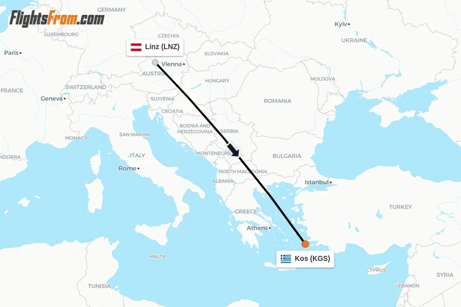 Flights from Linz to Kos route map