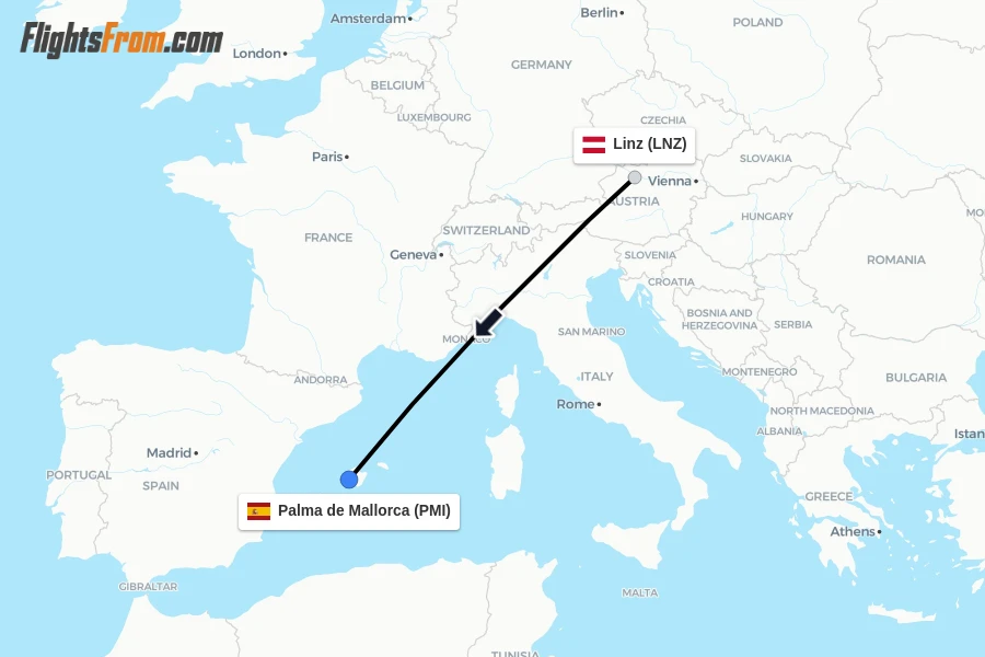 Flights from Linz to Palma de Mallorca route map