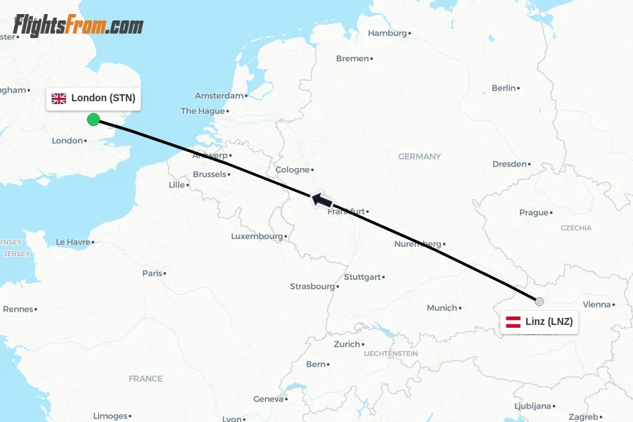 Flights from Linz to London route map