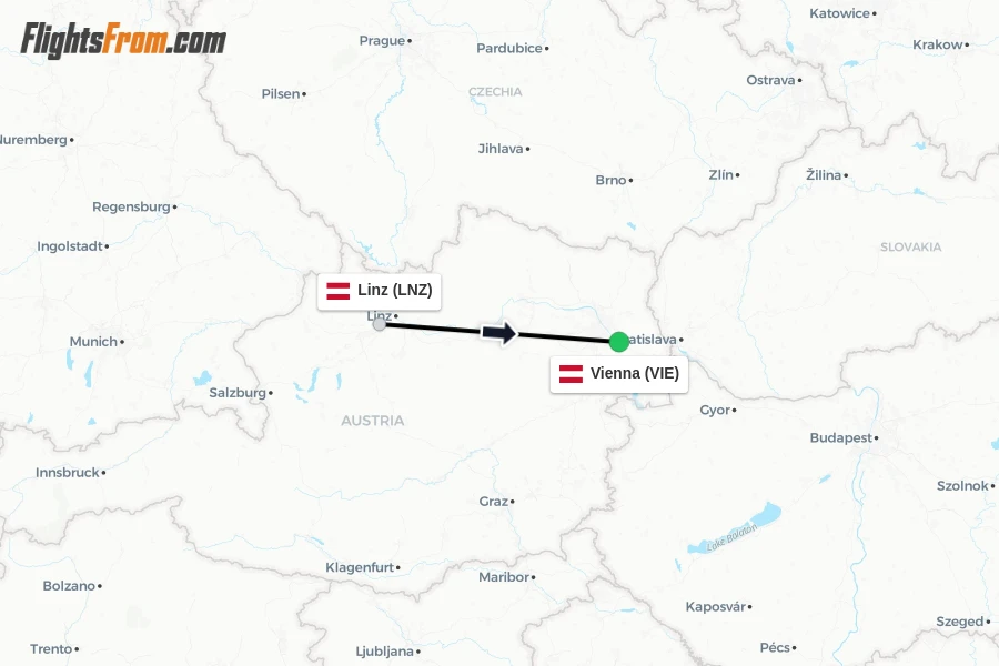 Flights from Linz to Vienna route map