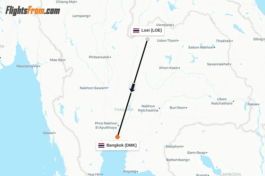 Flights from Loei to Bangkok route map
