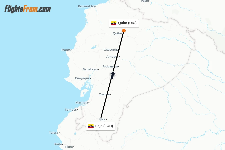 Flights from Loja to Quito route map