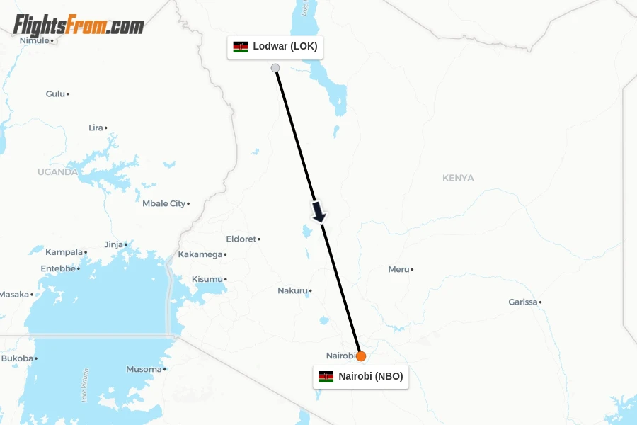 Flights from Lodwar to Nairobi route map