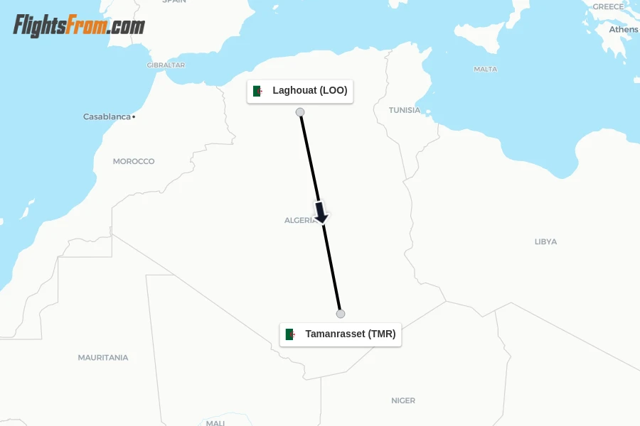 Flights from Laghouat to Tamanrasset route map