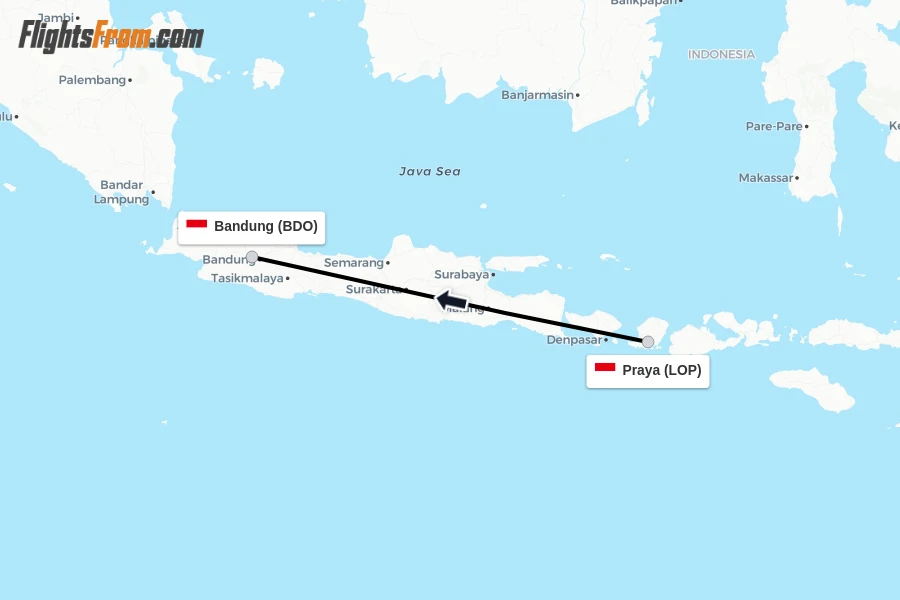 Flights from Praya to Bandung route map