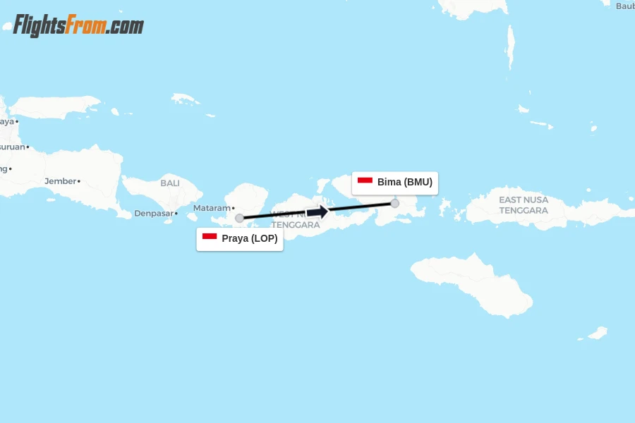 Flights from Praya to Bima route map