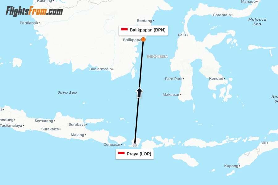 Flights from Praya to Balikpapan route map