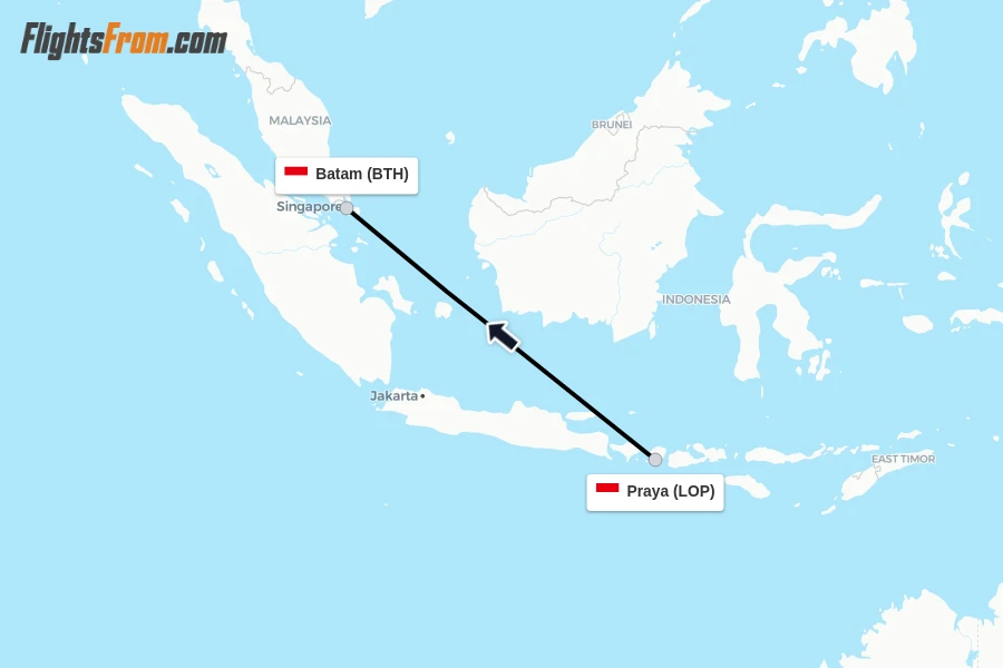 Flights from Praya to Batam route map