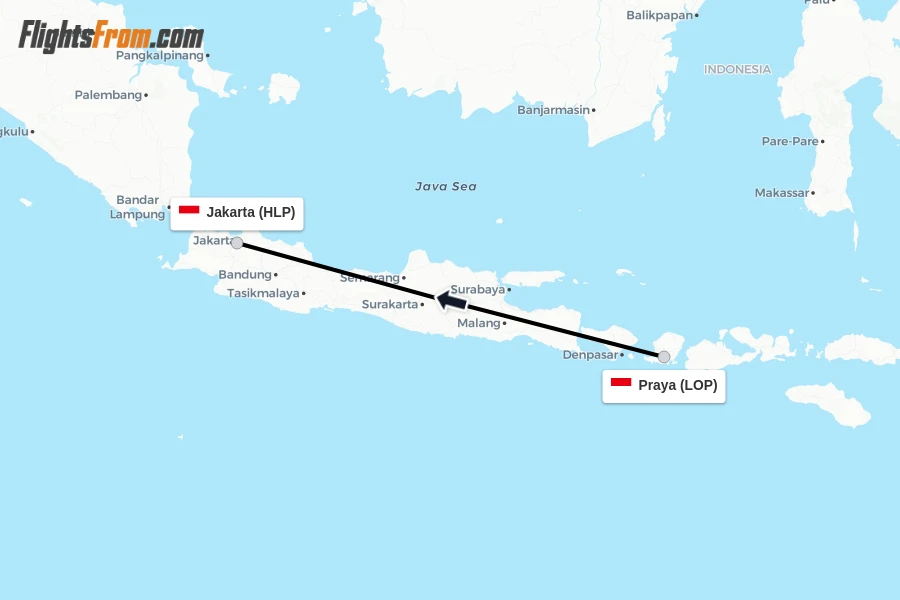 Flights from Praya to Jakarta route map