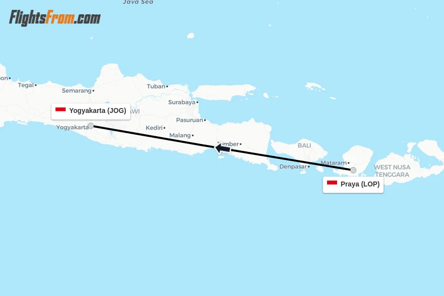 Flights from Praya to Yogyakarta route map