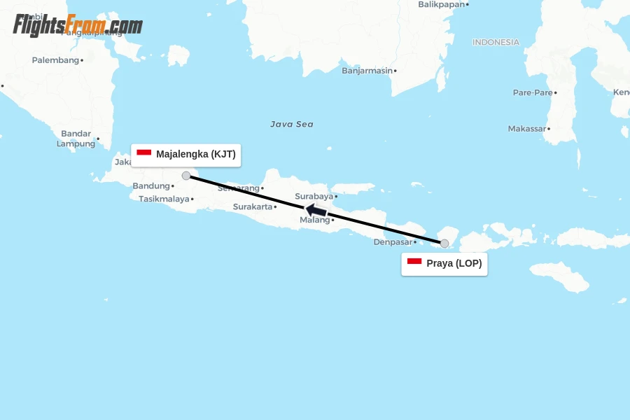 Flights from Praya to Majalengka route map