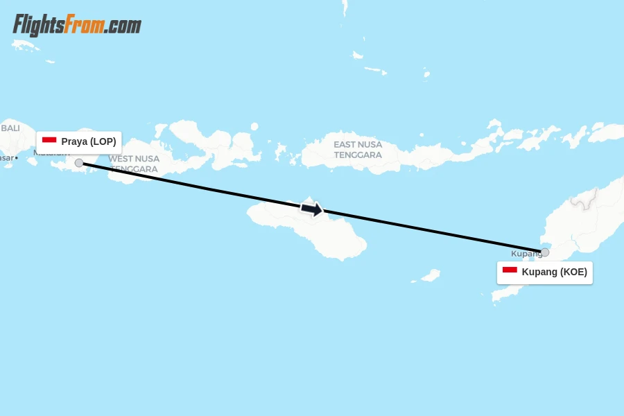 Flights from Praya to Kupang route map