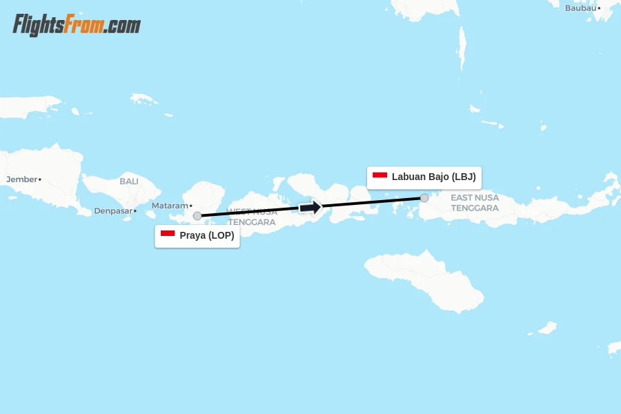 Flights from Praya to Labuan Bajo route map