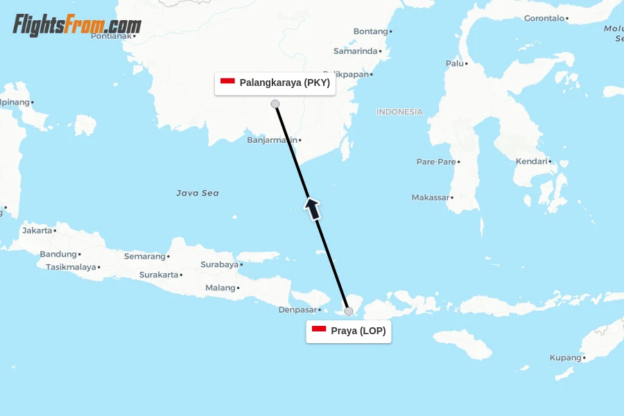 Flights from Praya to Palangkaraya route map