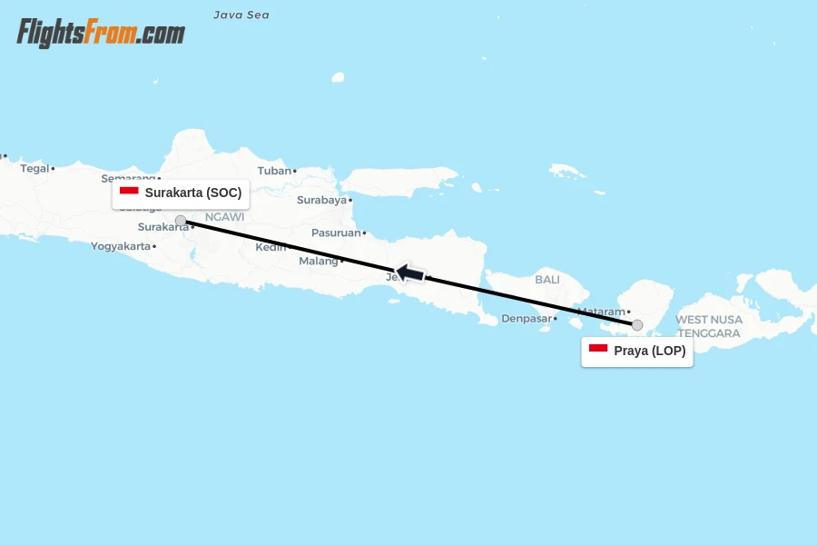 Flights from Praya to Surakarta route map