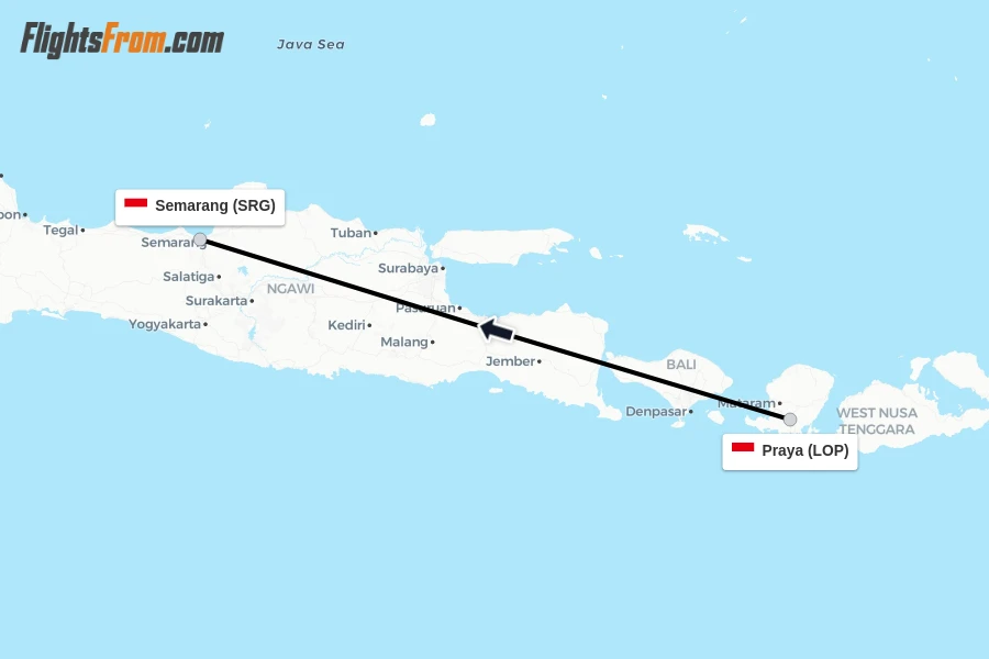 Flights from Praya to Semarang route map