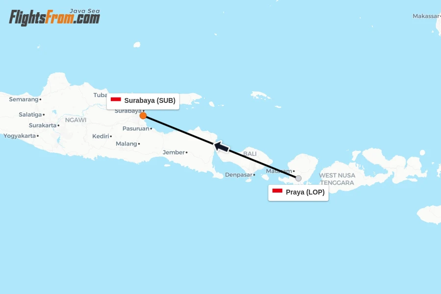 Flights from Praya to Surabaya route map