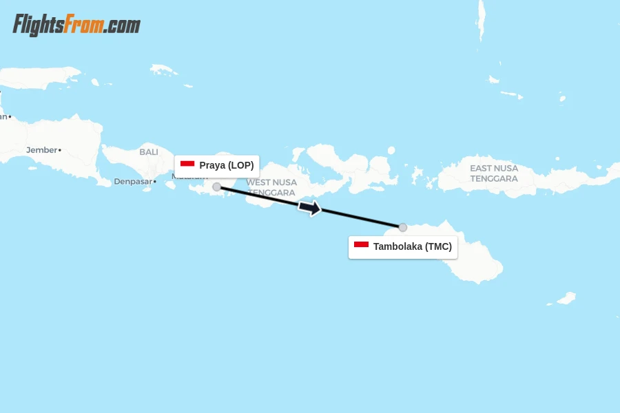 Flights from Praya to Tambolaka route map