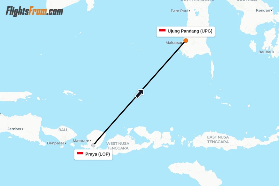 Flights from Praya to Ujung Pandang route map